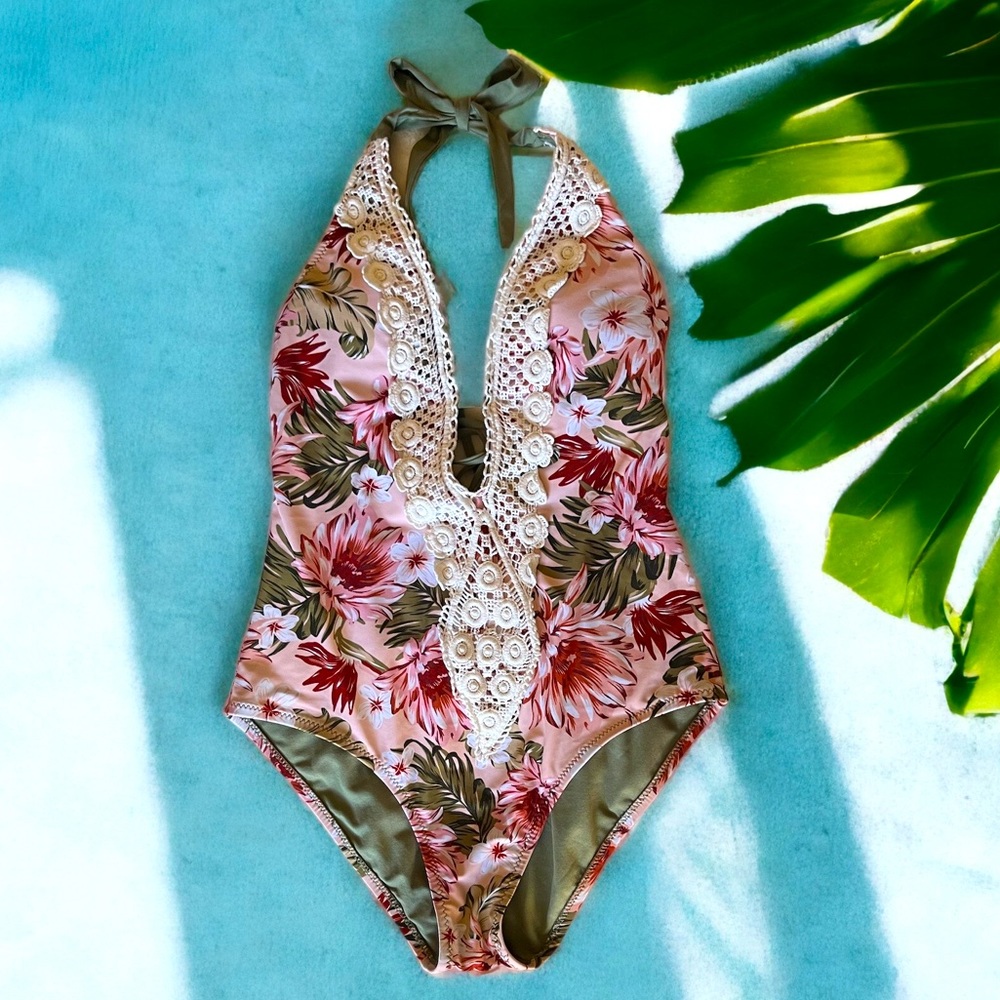 Kona Sol Pink Floral Boho One Piece Swimsuit